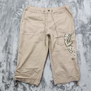 Basic Editions Pants Womens L Tan Embroidered Drawstring Bungee Hem Capri Casual